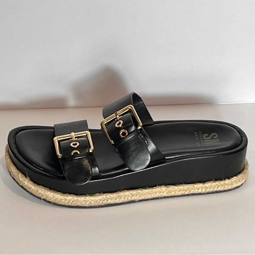 SM New York Women’s Hunter Double Strap Buckle Slide Sandals Black 7 Boho Chic